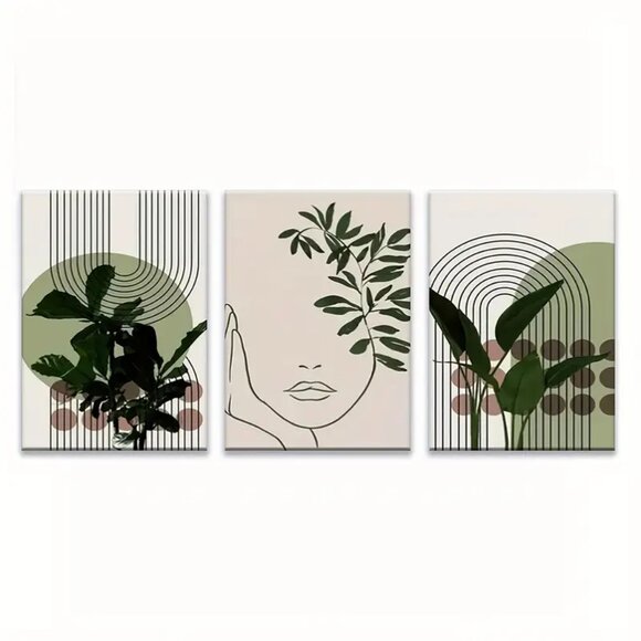 3pc Abstract Line Art Wall Decor | 12"x18" Green Plant Boho Prints | Framed Canv - Picture 2 of 2